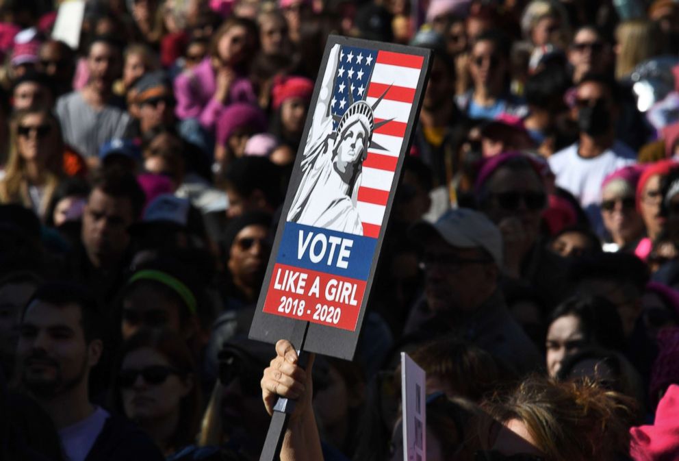 PHOTO: People attend the Women's Rally on the one-year anniversary of the first Women's March, in Los Angeles, Calif., Jan. 20, 2018.