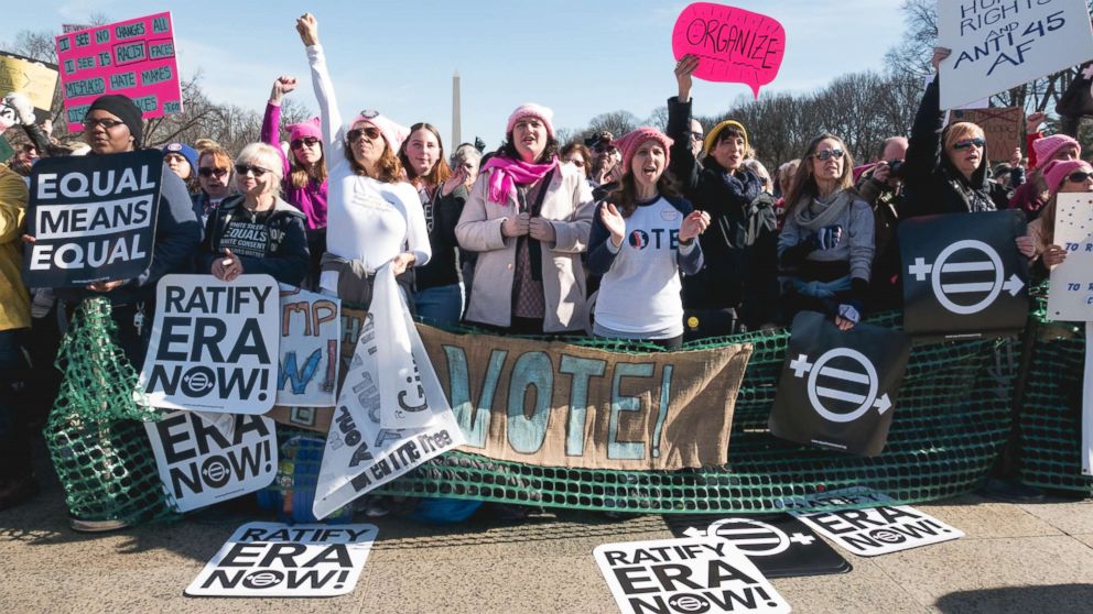 PHOTO: People gathered on the steps of the Lincoln Memorial in Washington, D.C. for the second Women's March on Washington, Jan. 20, 2018.