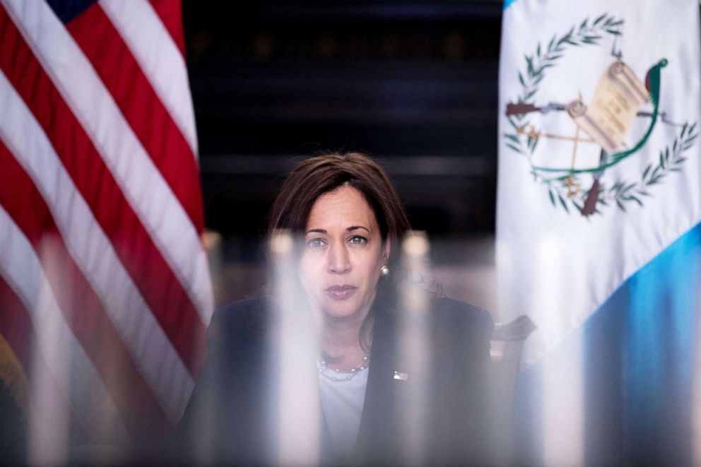 PHOTO: Vice President Kamala Harris speaks before a virtual meeting with Guatemala's President Alejandro Giammattei about the migration crisis in the Eisenhower Executive Office Building on the White House campus, April 26, 2021.
