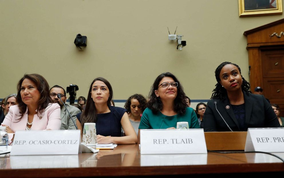 PHOTO:From l-r., Rep. Veronica Escobar, D-Texas, Rep. Alexandria Ocasio-Cortez, D-NY., Rep. Rashida Tlaib, D-Mich., and Rep. Ayanna Pressley, D-Mass., take their seats to testify before the House Oversight Committee, July 12, 2019, on Capitol Hill.