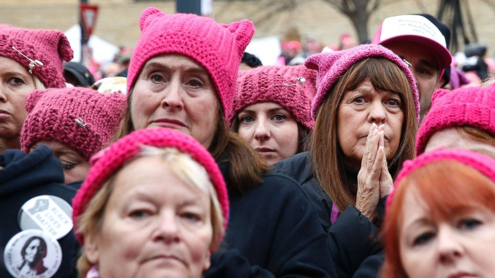 Women who attended the Women's March on Washington listened to a speaker during a rally, Jan. 21, 2017. 