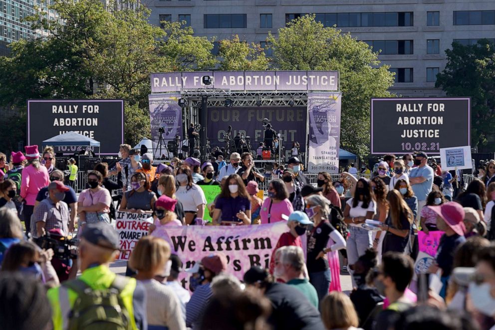 PHOTO: Protesters attend the Rally For Abortion Justice in Washington, Oct. 02, 2021.