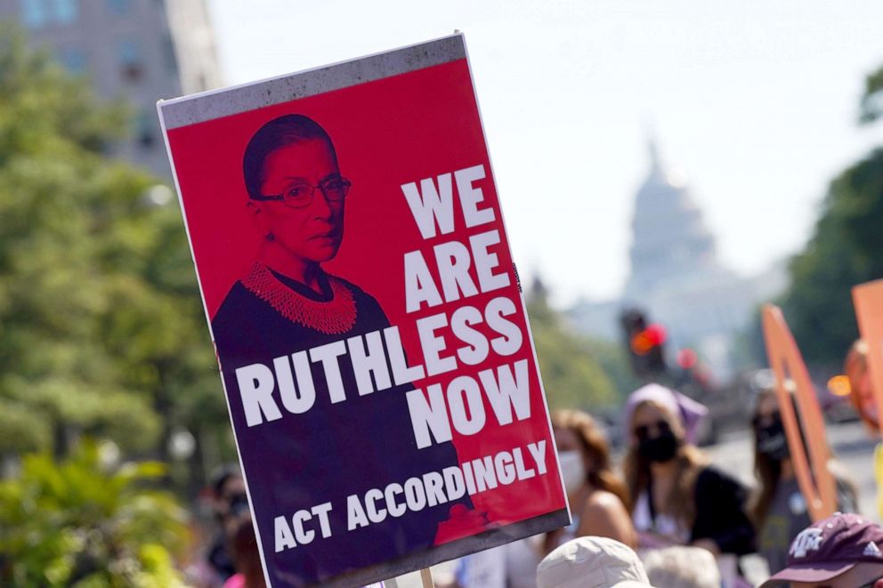 PHOTO:Signage is displayed e at the Rally For Abortion Justice  in Washington, Oct. 02, 2021.