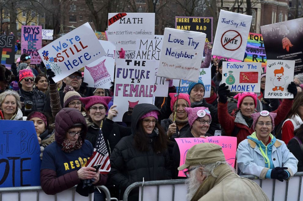 PHOTO: Thousands gather on Cambridge Common to mark the one year anniversary of the inauguration of President Donald Trump at "The Cambridge/Boston Women's March 2018: The People Persist" in Boston, Jan. 20, 2018.