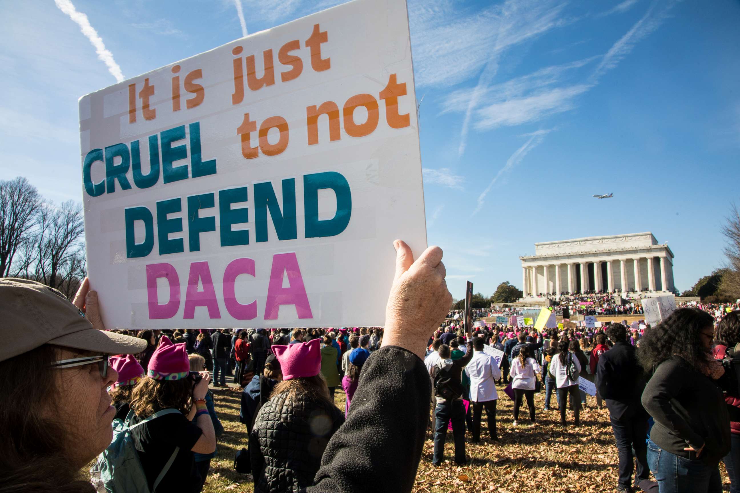 PHOTO: A demonstrator holds a sign saying "It is just cruel to not defend DACA" as thousands of activists gathered on the National Mall and marched to the White House for the 2018 Women's March on Washington D.C., Jan. 20, 2018.