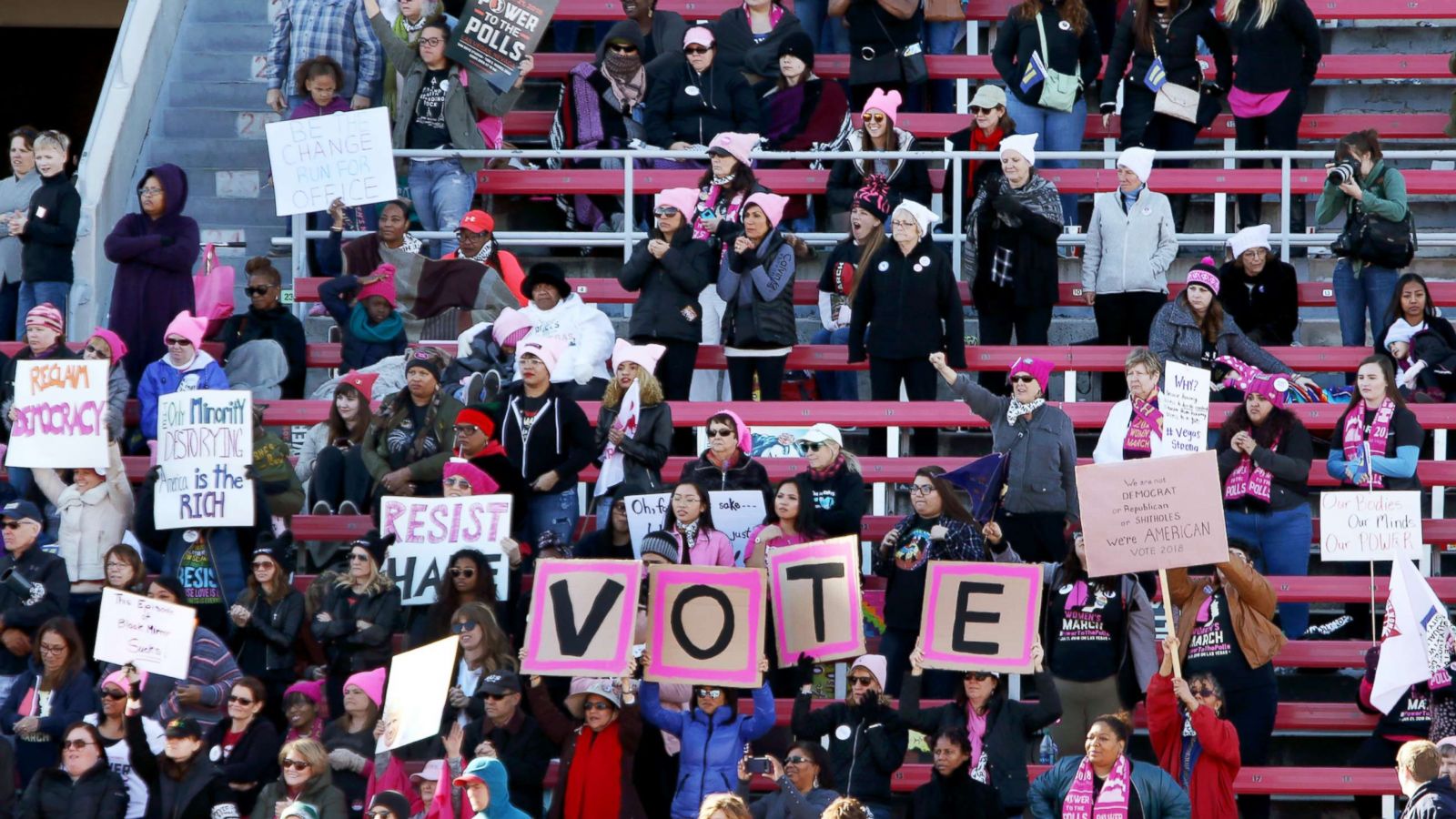 PHOTO: Attendees stand during the Women's March Anniversary "Power To The Polls" event, Jan. 21, 2018, at Sam Boyd Stadium in Las Vegas.