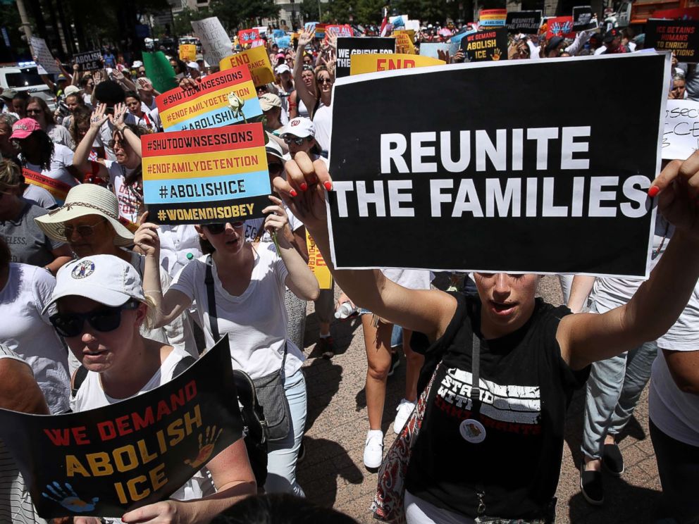 PHOTO: Protesters march from Freedom Plaza to demonstrate against family detentions and to demand the end of criminalizing efforts of asylum seekers and immigrants June 28, 2018 in Washington, D.C.
