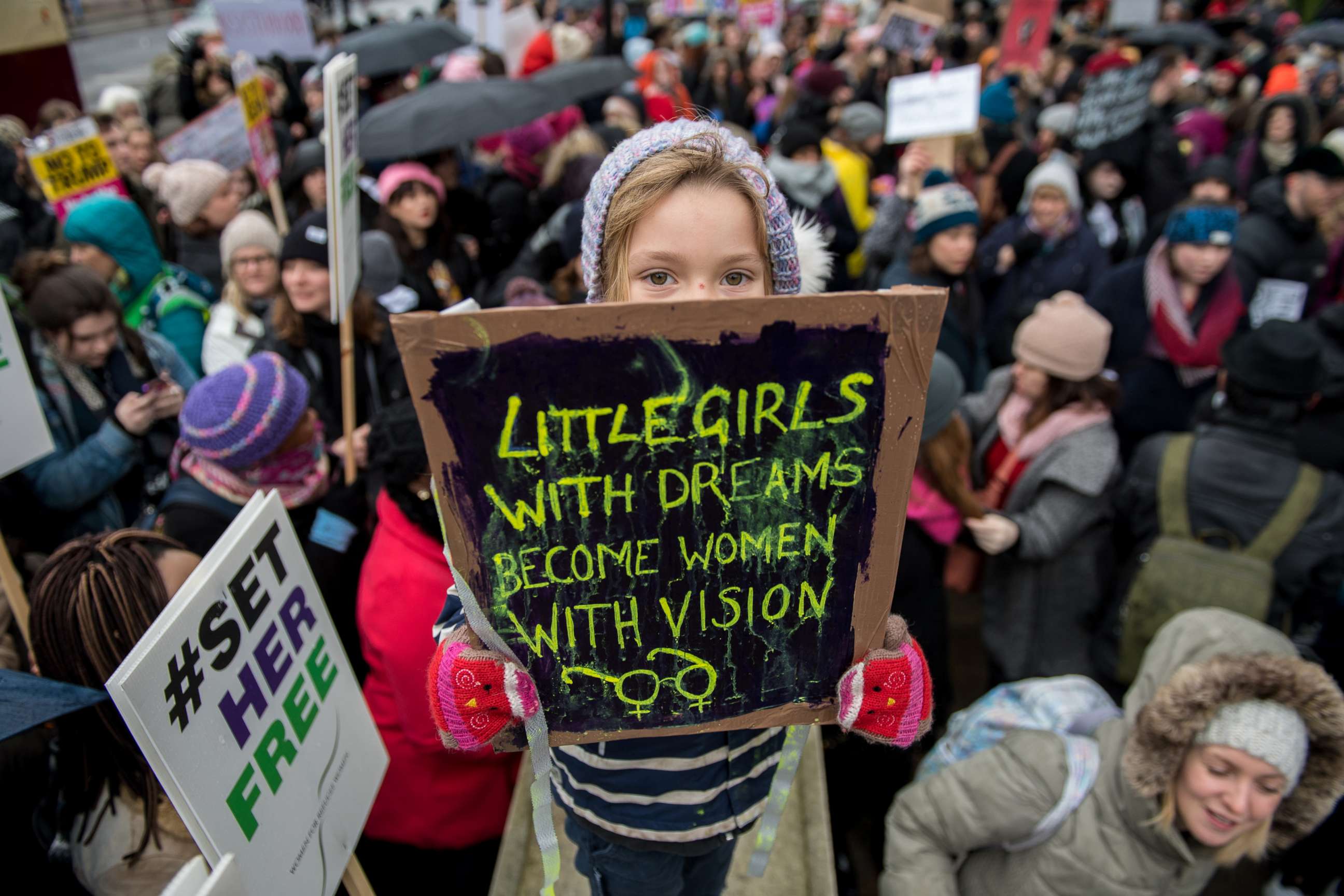 PHOTO: Orla Dean, 5, holds a placard during the Time's Up rally at Richmond Terrace, opposite Downing Street, Jan. 21, 2018 in London.