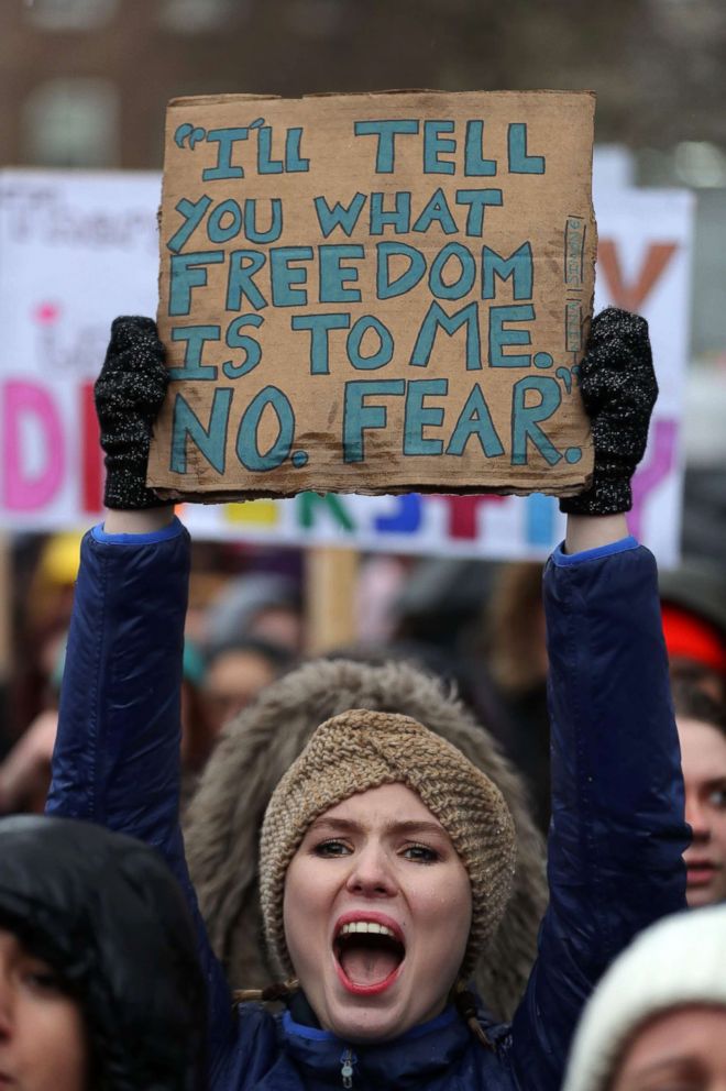 PHOTO: A protester holds up a placard during the Women's March in central London, Jan. 21, 2018 as part of a global day of protests.