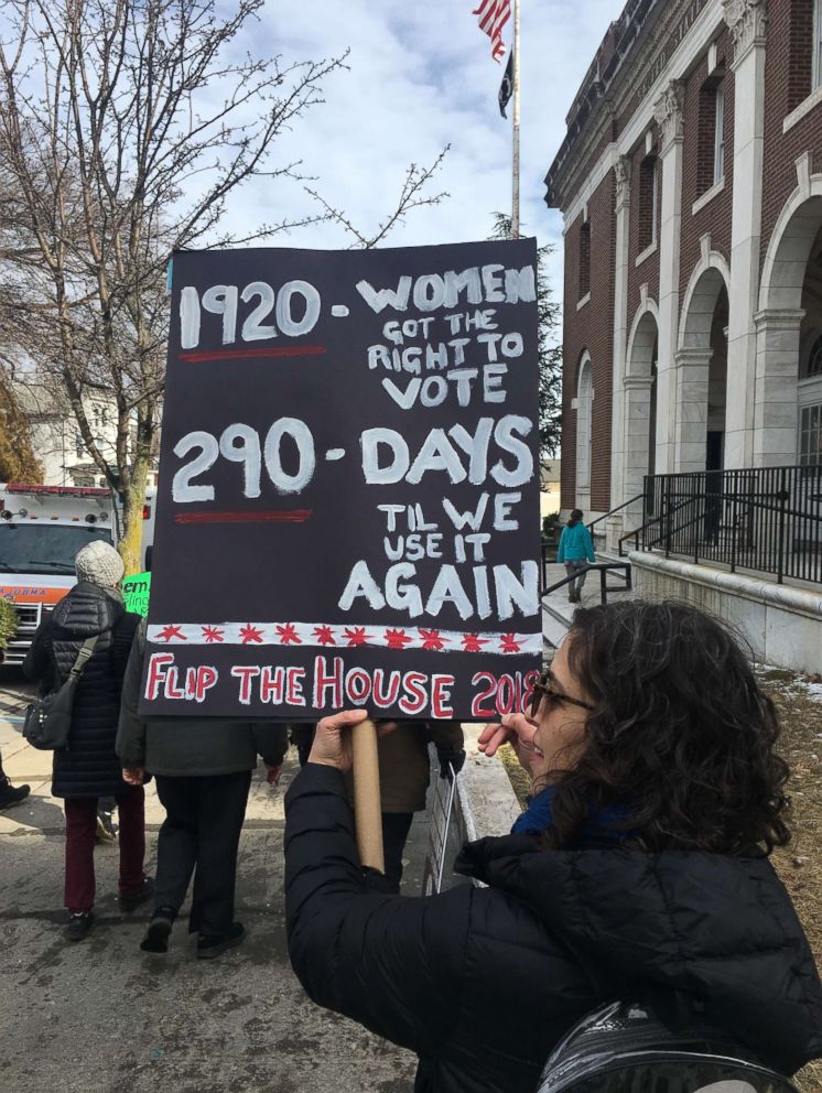 PHOTO: A protester in Morristown, N.J., holds a sign focusing on the upcoming midterm elections, Jan. 20, 2018.