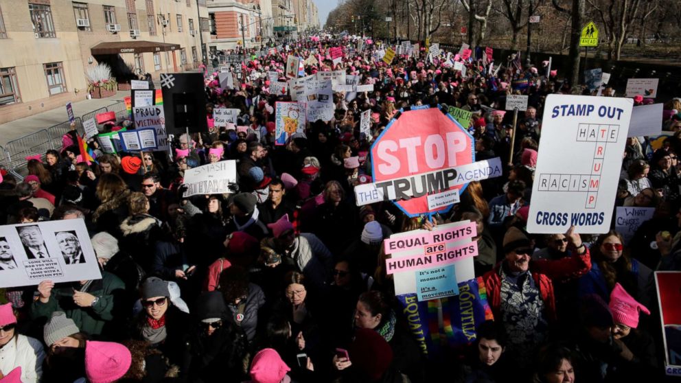 PHOTO: People take part in the Women's March in Manhattan in New York, Jan. 20, 2018.