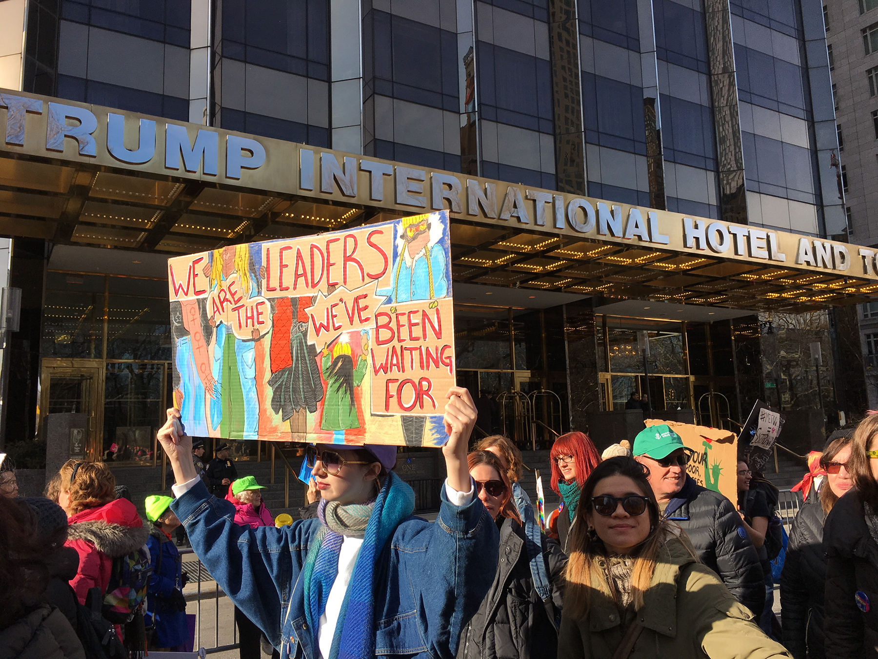 PHOTO: Participants in the New York City March as they passed the Trump International Hotel and Tower on Central Park West, Jan. 20, 2018.