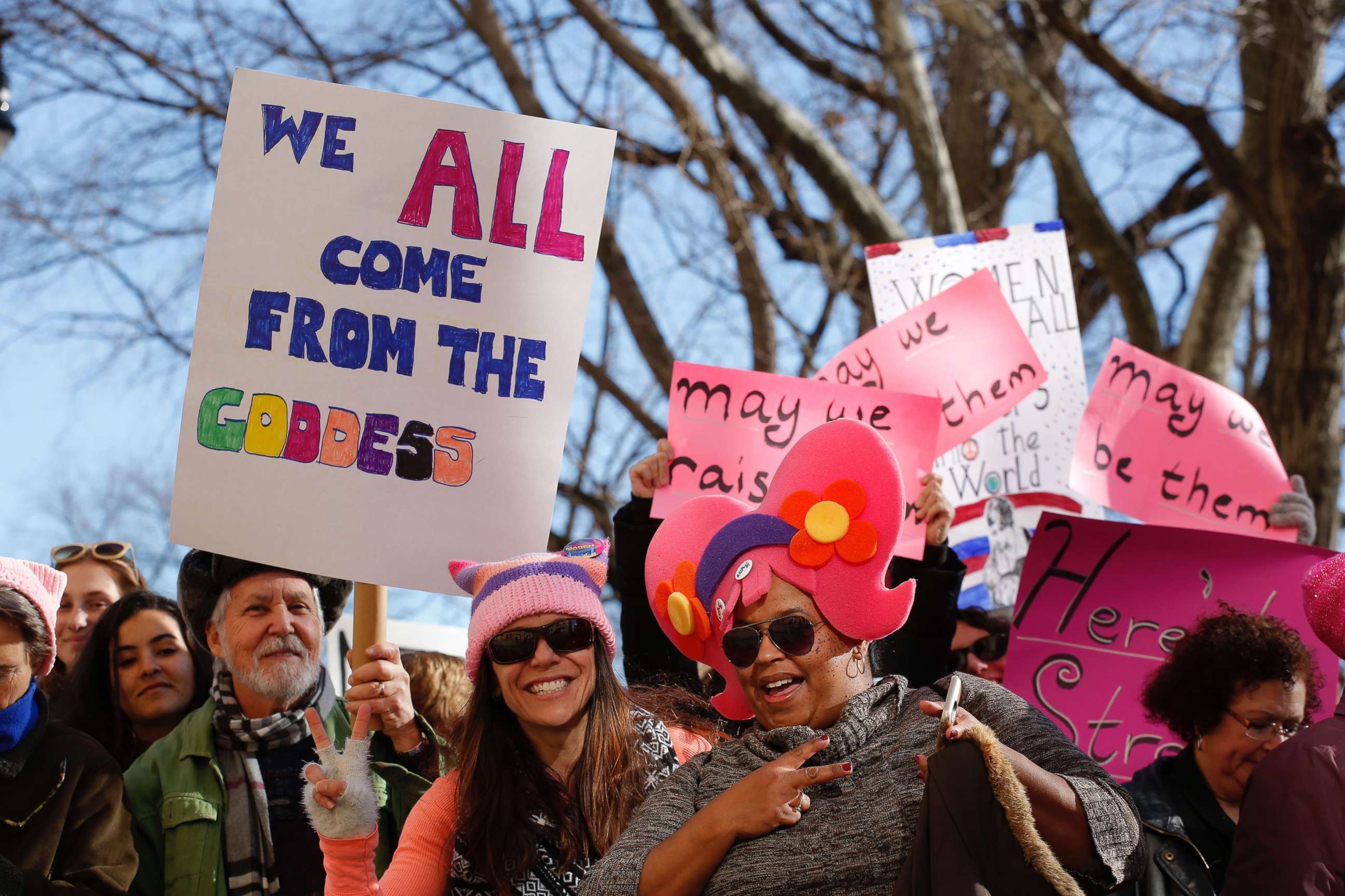 PHOTO: People gather prior to the second annual Women's March, Jan. 20, 2018 in New York City.