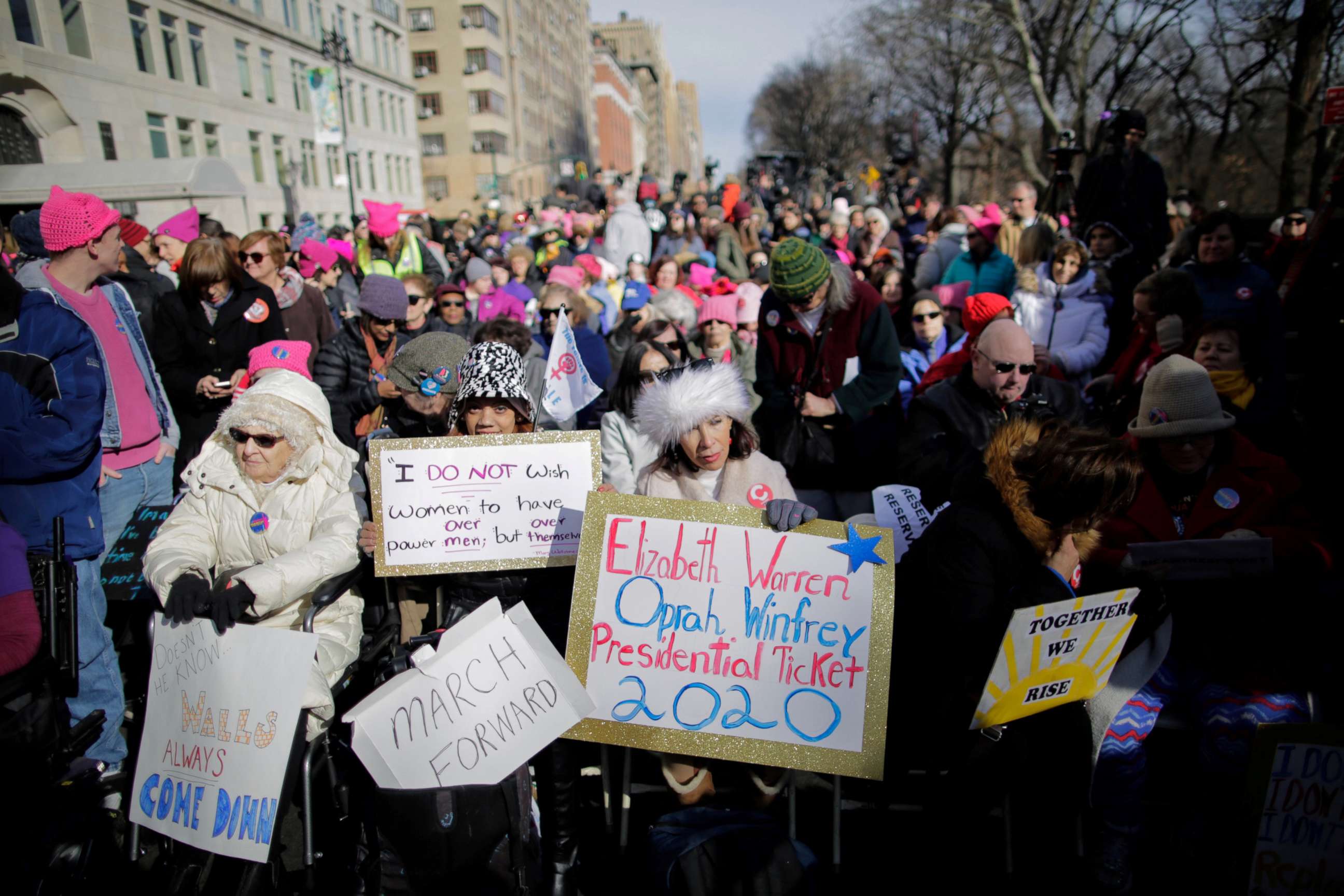 PHOTO: People take part in the Women's March in New York City, Jan. 20, 2018.