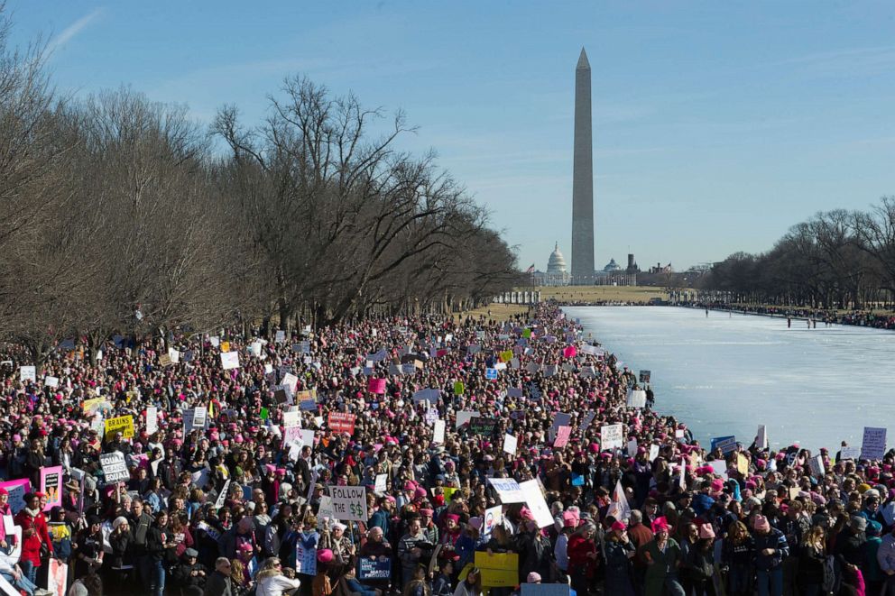 PHOTO: Participants in the Women's March gather near the Lincoln Memorial in Washington, D.C., Jan. 20, 2018.