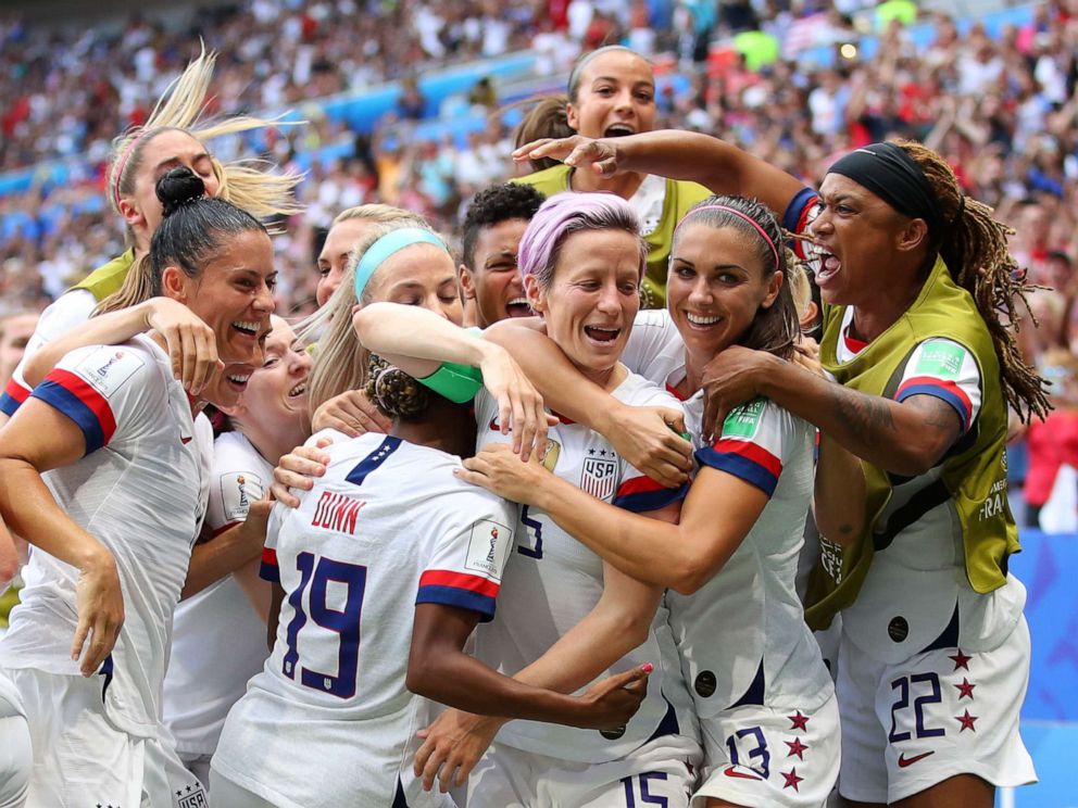 PHOTO: Megan Rapinoe of the U.S. celebrates with teammates after scoring her teams first goal during the 2019 FIFA Womens World Cup France Final match between the U.S. and The Netherlands at Stade de Lyon on July 07, 2019 in Lyon, France.