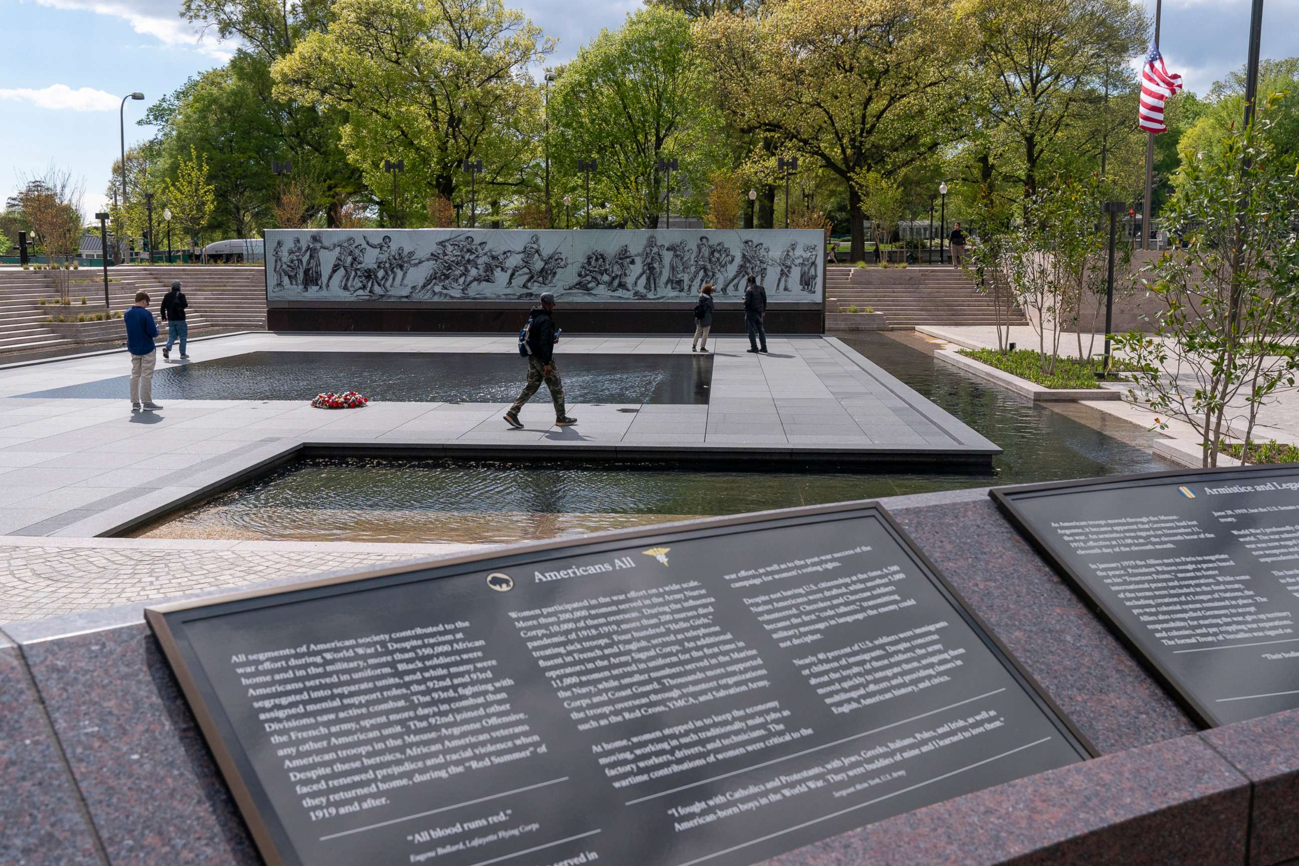 PHOTO: People visit the newly opened World War I Memorial, April 16, 2021, in Washington, D.C.