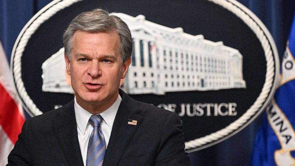 PHOTO: FBI Director Christopher Wray speaks during a press conference to announce an international ransomware enforcement action, at the Justice Department in Washington, D.C., Jan. 26, 2023.