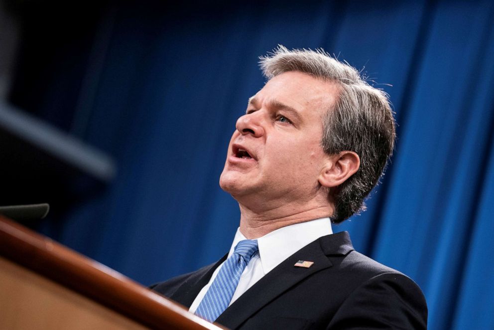 PHOTO: FBI Director Christopher Wray speaks during a virtual news conference at the Department of Justice in Washington, D.C., Oct. 28, 2020.