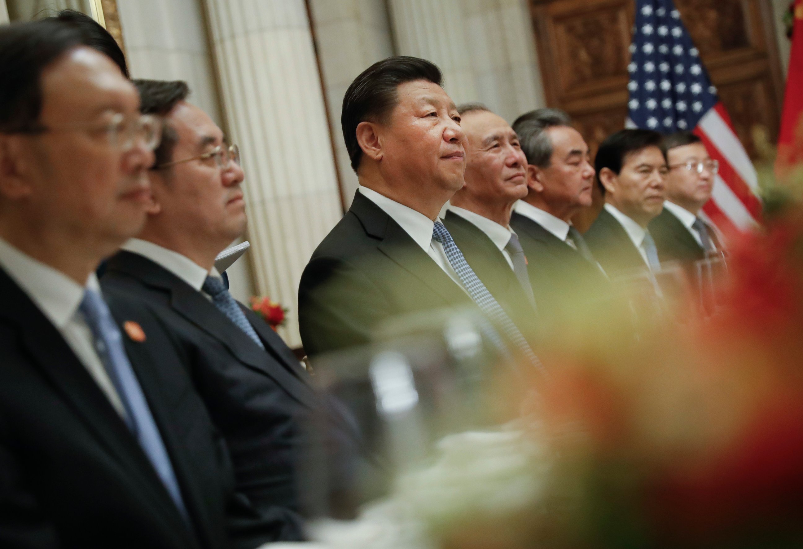 PHOTO: China's President Xi Jinping, center, and members of his official delegation, listen to President Donald Trump speak during their bilateral meeting at the G20 Summit, Saturday, Dec. 1, 2018 in Buenos Aires, Argentina.