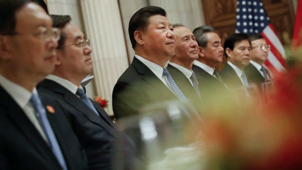 PHOTO: China's President Xi Jinping, center, and members of his official delegation, listen to President Donald Trump speak during their bilateral meeting at the G20 Summit, Saturday, Dec. 1, 2018 in Buenos Aires, Argentina.