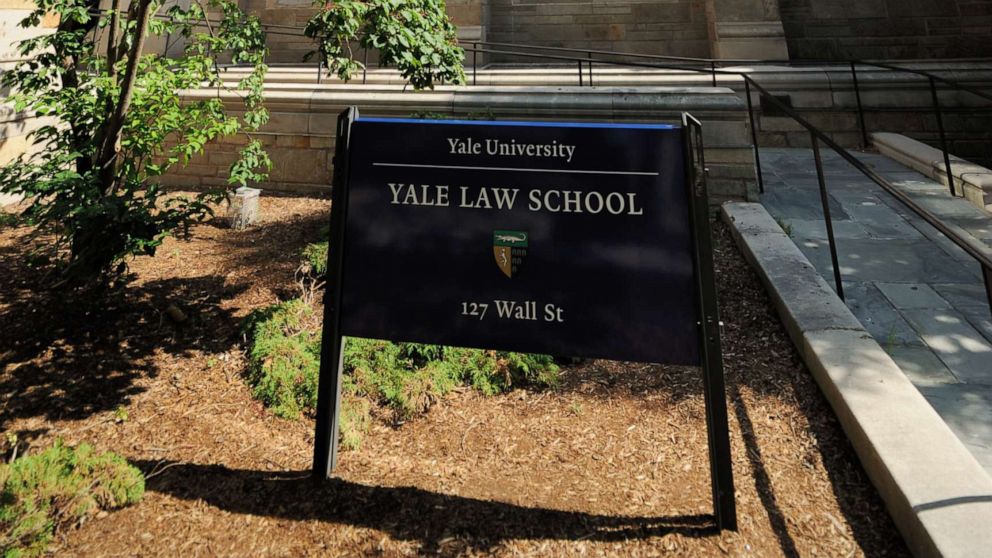 PHOTO: A sign in front of Yale Law School on the campus of Yale University in New Haven, Conn.