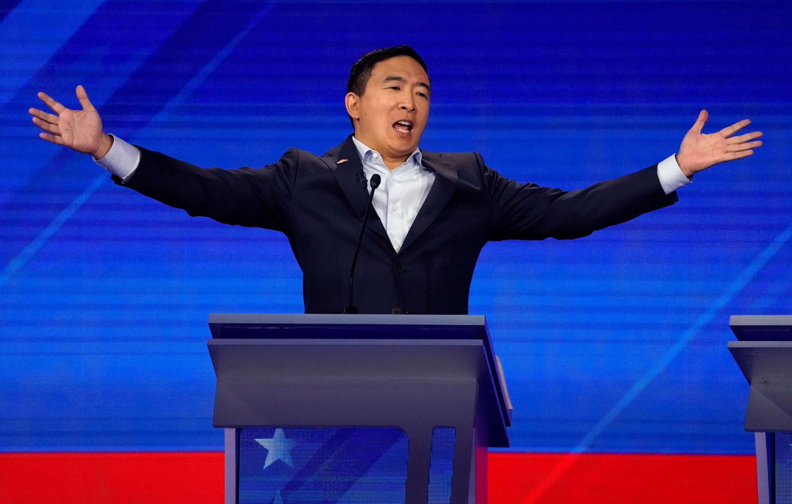 PHOTO: Entrepreneur Andrew Yang reacts during the 2020 Democratic presidential debate in Houston, Sept. 12, 2019.