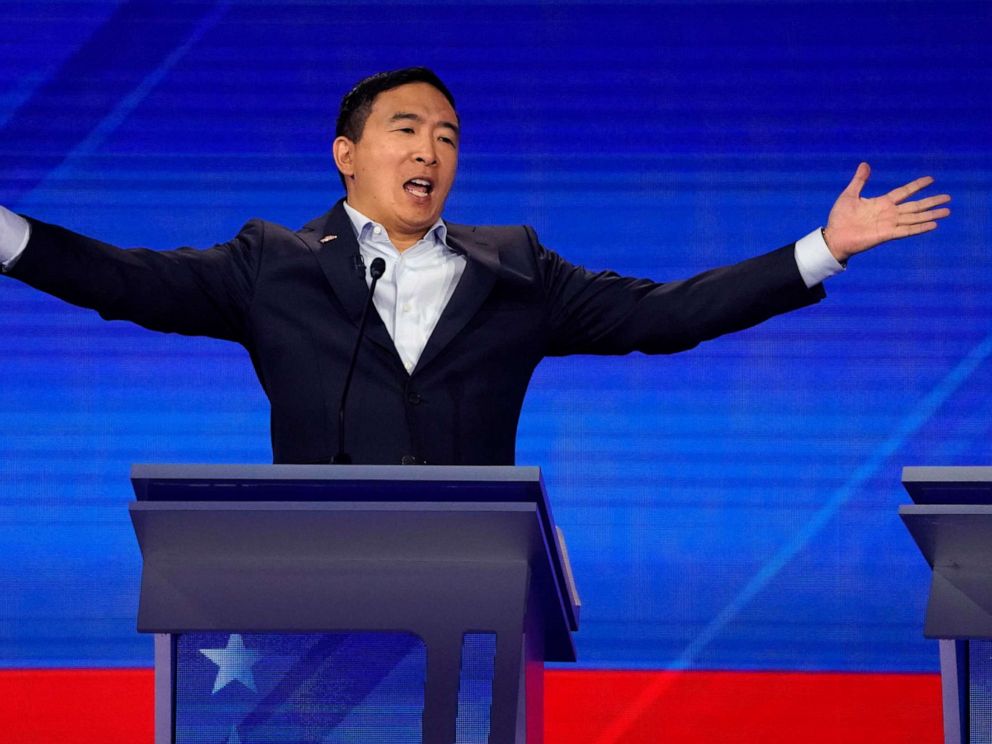 PHOTO: Entrepreneur Andrew Yang reacts during the 2020 Democratic presidential debate in Houston, Sept. 12, 2019.