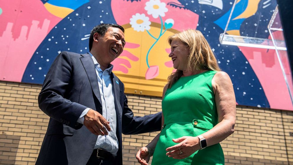 PHOTO: Mayoral candidates Andrew Yang, left, and Kathryn Garcia, right, attend the AAPI Democracy Project's "Voting is Justice Rally" in Chinatown, June 20, 2021, in New York.