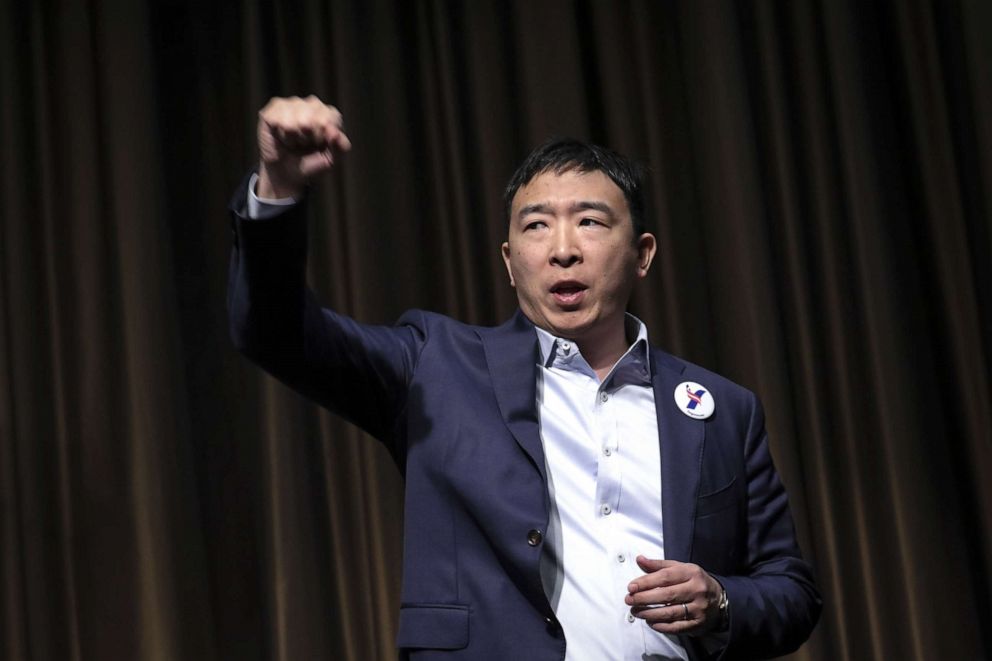 PHOTO: Entrepreneur and Democratic presidential candidate Andrew Yang exits the stage after speaking at the National Action Network's annual convention, April 3, 2019, in New York.