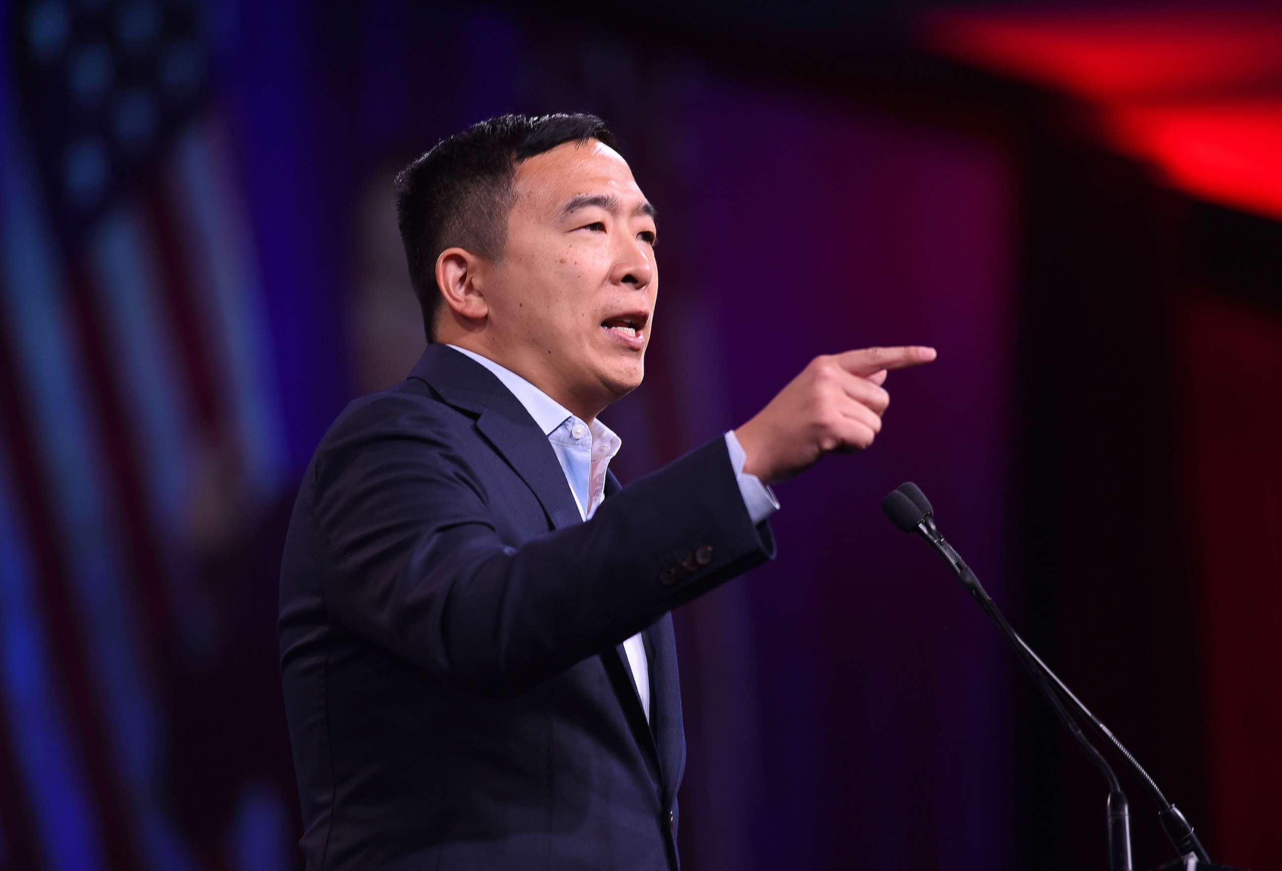PHOTO: 2020 Democratic Presidential hopeful Andrew Yang speaks on-stage during the Democratic National Committee's summer meeting in San Francisco, Calif., Aug. 23, 2019.