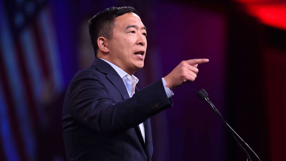PHOTO: 2020 Democratic Presidential hopeful Andrew Yang speaks on-stage during the Democratic National Committee's summer meeting in San Francisco, Calif., Aug. 23, 2019.