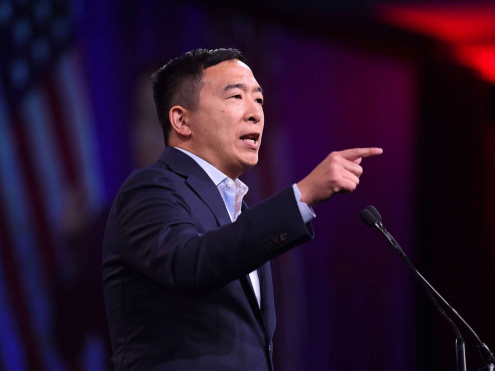 PHOTO: 2020 Democratic Presidential hopeful Andrew Yang speaks on-stage during the Democratic National Committees summer meeting in San Francisco, Calif., Aug. 23, 2019.