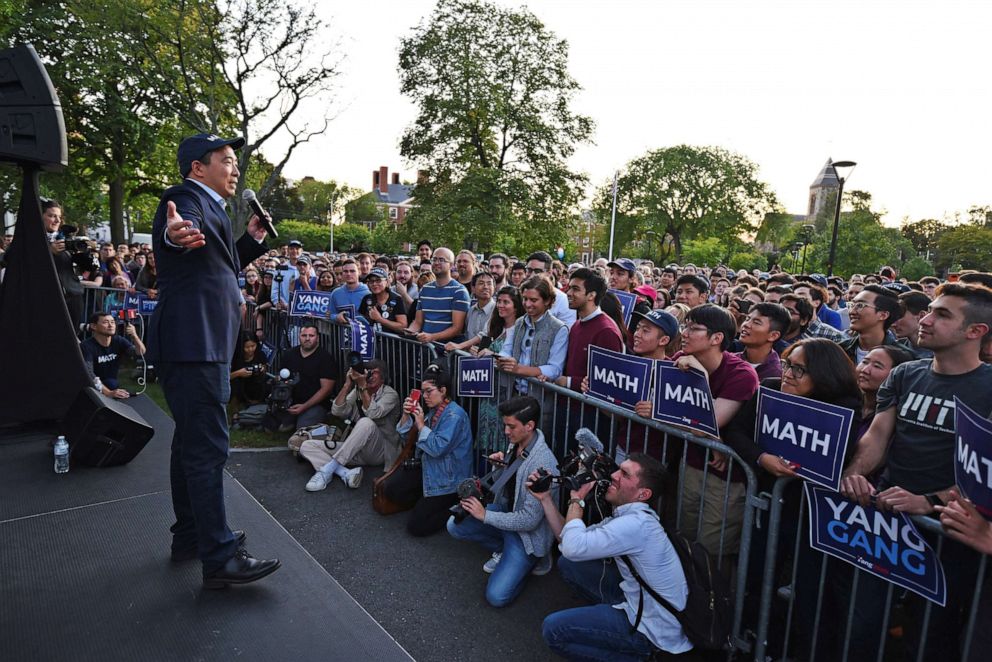 PHOTO: Democratic presidential candidate Andrew Yang speaks with supporters during a rally in Cambridge, Mass., Sept. 16, 2019. 