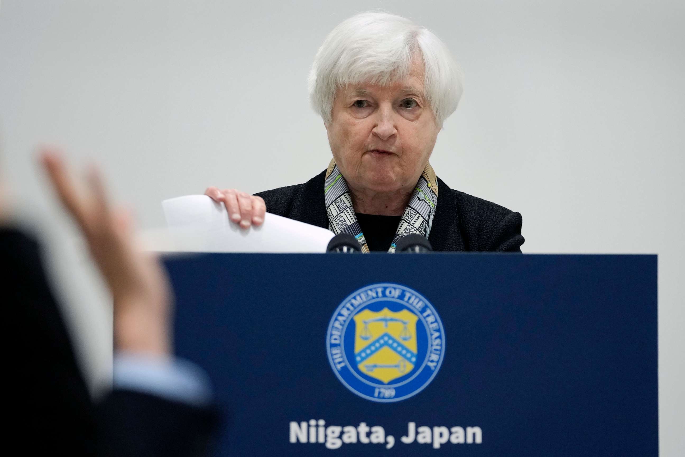 PHOTO: Treasury Secretary Janet Yellen takes questions during a press conference in Niigata, Japan, May 11, 2023.