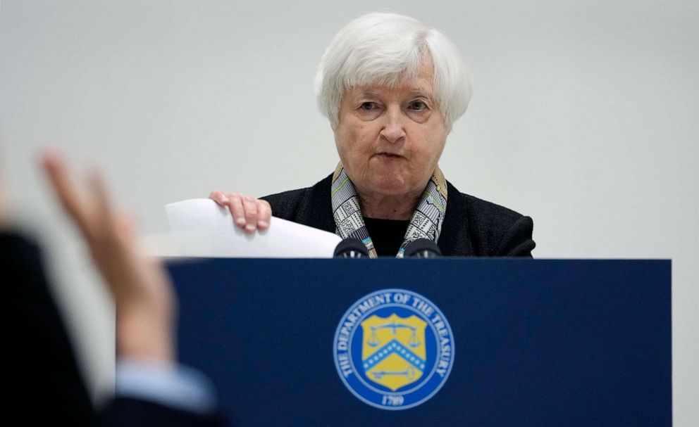 PHOTO: Treasury Secretary Janet Yellen takes questions during a press conference in Niigata, Japan, May 11, 2023.
