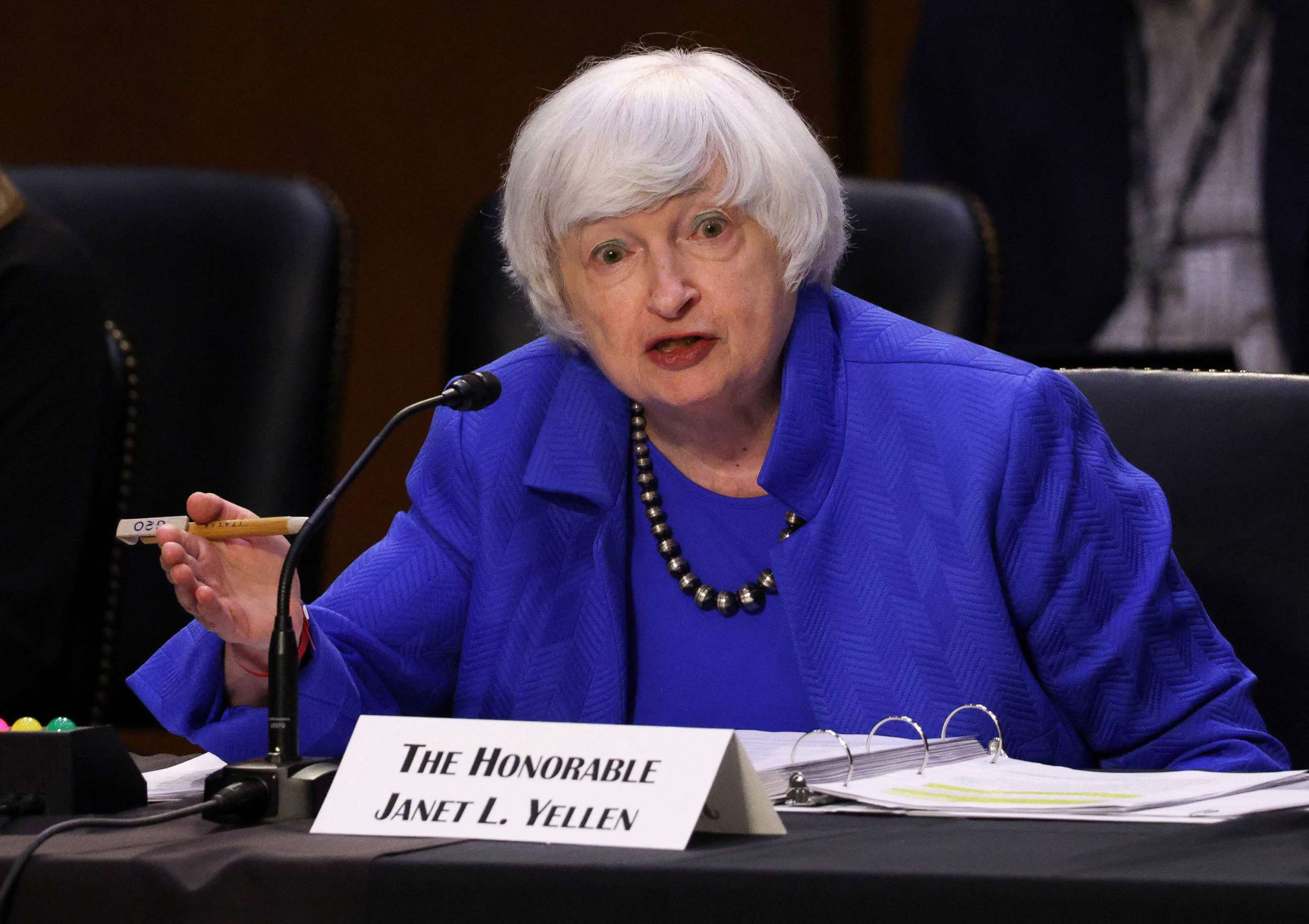 PHOTO: Treasury Secretary Janet Yellen speaks during a Senate Banking, Housing and Urban Affairs Committee hearing on the CARES Act, at the Hart Senate Office Building, Sept. 28, 2021, in Washington, D.C.