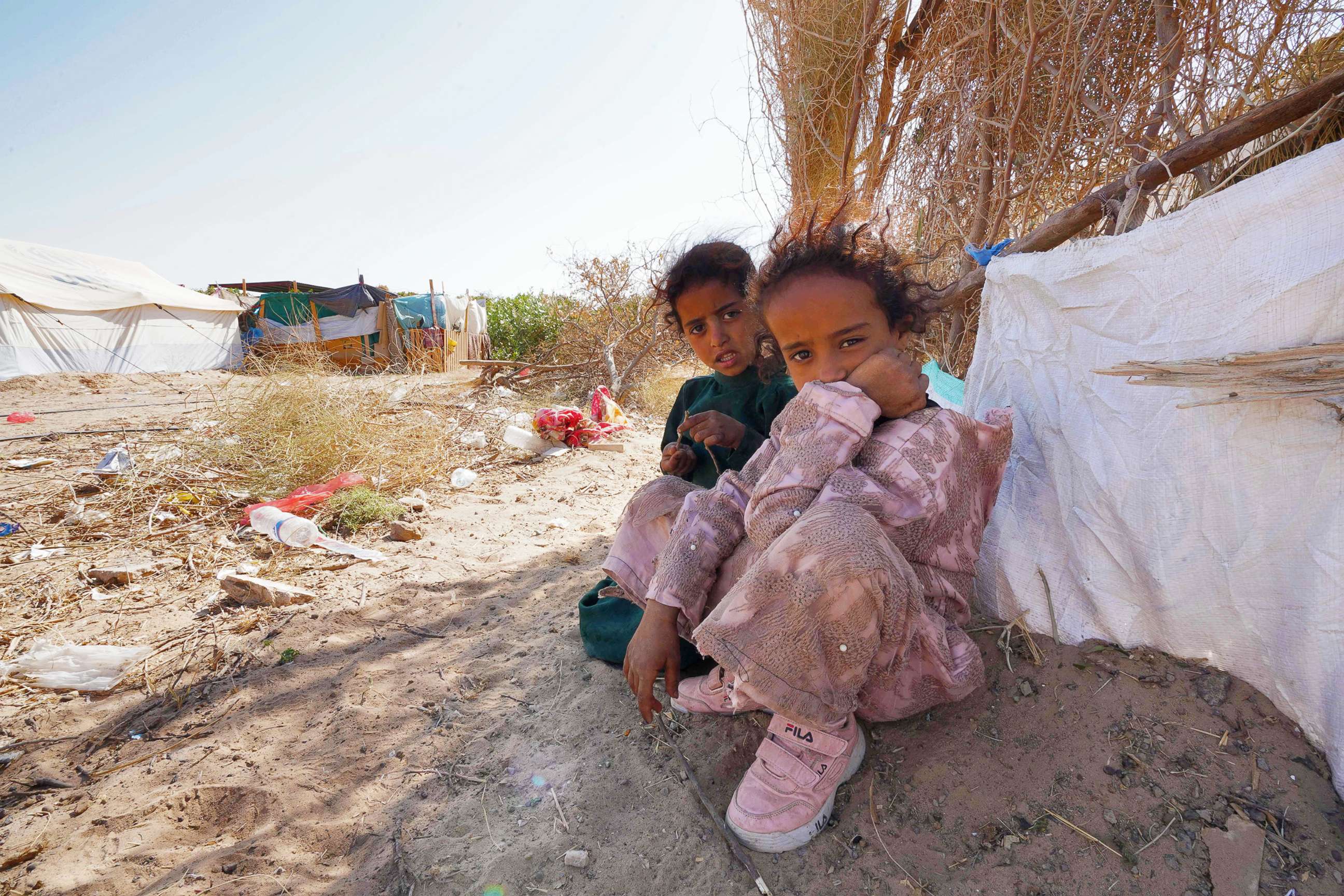 PHOTO: Yemeni children are displaced at the Jaw al-Naseem camp on the outskirts of the northern city of Marib, Yemen on Feb. 18, 2021.
