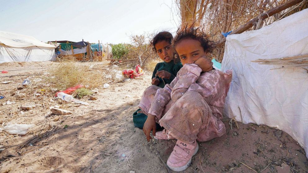 PHOTO: Yemeni children are displaced at the Jaw al-Naseem camp on the outskirts of the northern city of Marib, Yemen on Feb. 18, 2021.