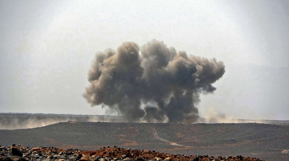 PHOTO: Smoke billows during clashes between forces loyal to Yemen's Saudi-backed government and Houthi fighters in Yemen's northeastern province of Marib on March 5, 2021. 