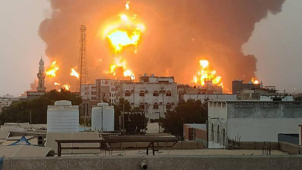 PHOTO: A handout picture obtained from Yemen's Huthi Ansarullah Media Center show a huge column of fire erupting following reported strikes in the Yemeni rebel-held port city of Hodeida on July 20, 2024.