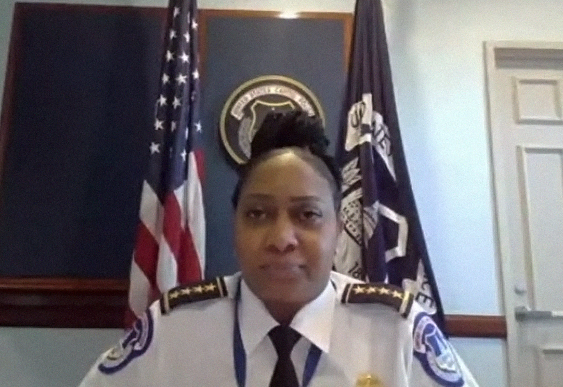 PHOTO: U.S. Capitol Police Acting Chief Yogananda Pittman appears before the House Subcommittee on  the Legislative Branch via WebEx on  Feb. 25, 2021 in Washington, D.C., to testify on the Capitol insurrection events of Jan. 6, 2021.