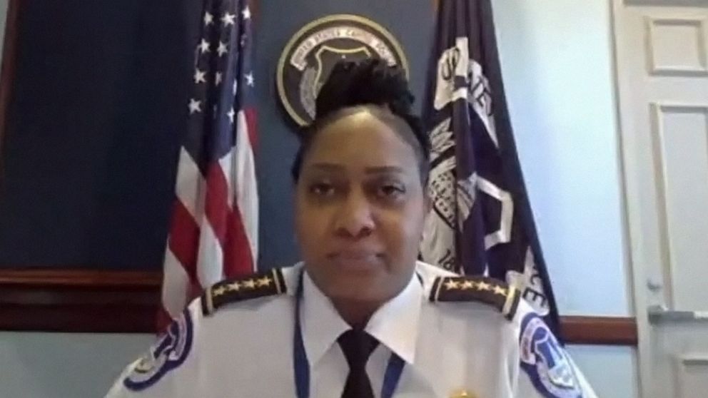 PHOTO: U.S. Capitol Police Acting Chief Yogananda Pittman appears before the House Subcommittee on  the Legislative Branch via WebEx on  Feb. 25, 2021 in Washington, D.C., to testify on the Capitol insurrection events of Jan. 6, 2021.