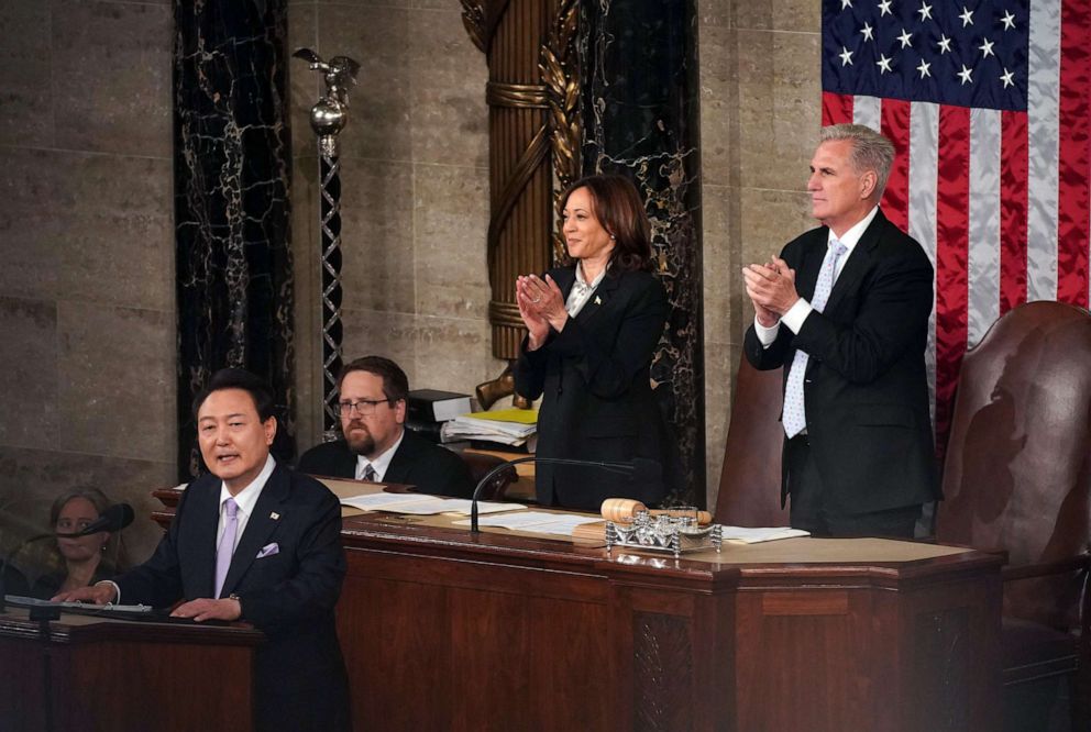 PHOTO: South Korean President Yoon Suk Yeol is applauded by Vice President Kamala Harris and House Speaker Kevin McCarthy as he addresses a Joint Meeting of Congress in the House Chamber of the U.S. Capitol in Washington, D.C., April 27, 2023.