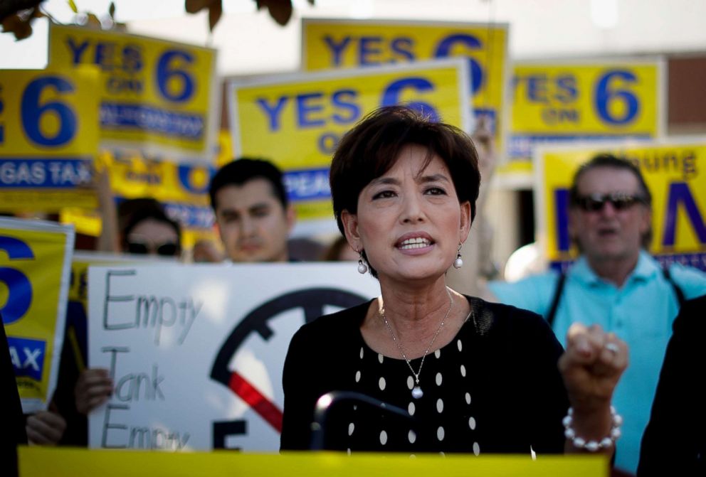 PHOTO: Young Kim, running for a U.S. House seat in the 39th District in California, speaks at a anti-gas tax rally in Fullerton, Calif., Oct. 1, 2018. Kim is trying to become the first Korean-American woman elected to Congress.