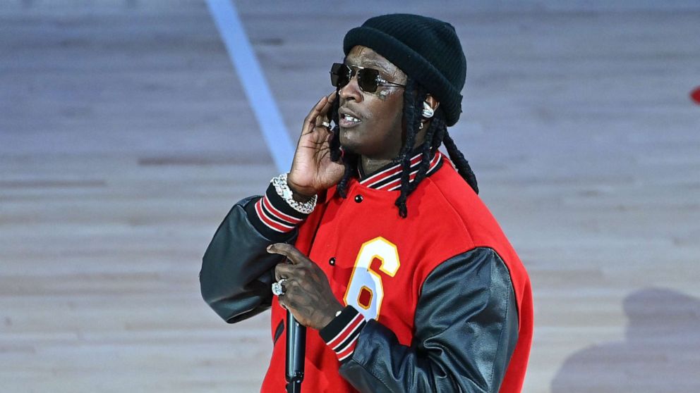 PHOTO: In this Nov. 17, 2021, file photo, rapper Young Thug performs at halftime during the Boston Celtics v Atlanta Hawks game, at State Farm Arena in Atlanta.