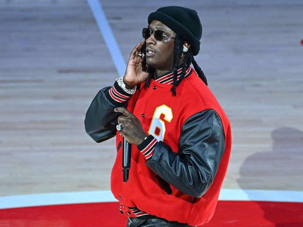 PHOTO: In this Nov. 17, 2021, file photo, rapper Young Thug performs at halftime during the Boston Celtics v Atlanta Hawks game, at State Farm Arena in Atlanta.