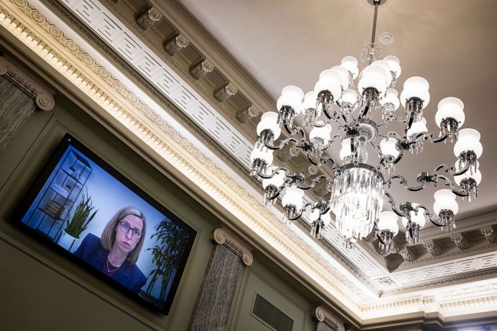 PHOTO: Leslie Miller, Vice President, Government Affairs and Public Policy at YouTube, testifies remotely before a Senate Subcommittee on Consumer Protection, Oct. 26, 2021, Washington, D.C. 