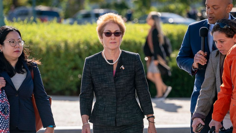 PHOTO: Former U.S. ambassador to Ukraine Marie Yovanovitch, center, arrives on Capitol Hill, Friday, Oct. 11, 2019, in Washington, to testify as part of the House impeachment inquiry into President Donald Trump.