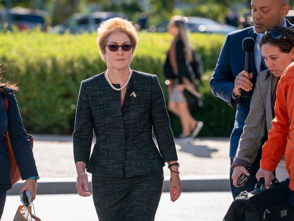 PHOTO: Former U.S. ambassador to Ukraine Marie Yovanovitch, center, arrives on Capitol Hill, Friday, Oct. 11, 2019, in Washington, to testify as part of the House impeachment inquiry into President Donald Trump.